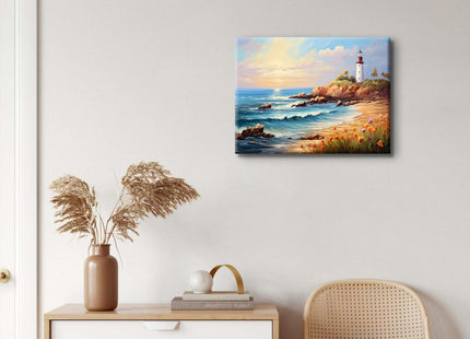 Sunset Lighthouse Wall Art Beach Pictures Bathroom Decor Abstract Coastal Canvas Prints Ocean Wave Seascape Wildflower Painting Nature Landscape Artwork for Living Room Office Home Decorations 12x16"