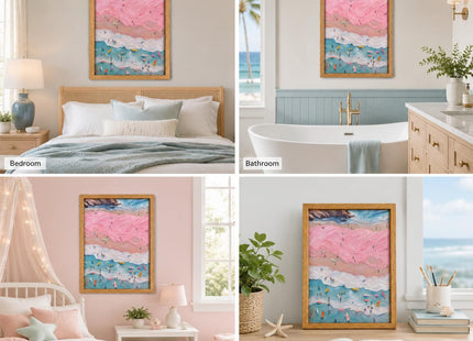 Framed Pink Coastal Canvas Wall Art,Girl Beach Surfers Picture Wall Decor
