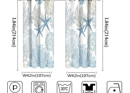 Llylumty Coastal Window Curtains Grommet Drapes Nautical Summer Beach Sea Shells Starfish Themed,Grommet Blackout Curtain for Living Room, Bedroom 2 Panel 42x84 Inch