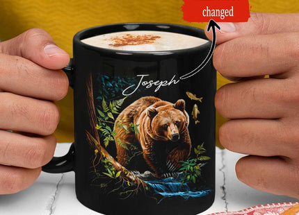 Cute Bear In Forest Design Mug, Customized Name Animal Lover Cup, Novelty Bear Design Black Mug, Personalized Bear Themed Coffee Cup, Gift For Son Daughter, Custom Animal Mug 11oz 15oz