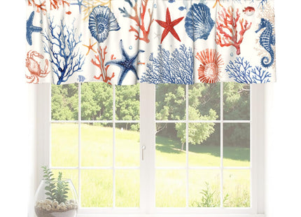 Coastal Kitchen Valance, Blue Ocean Coral Starfish Seashell Short Curtains for Windows, Nautical Sea Beach Summer Decoration Cafe Curtain, Thermal Insulated Room Darkening Short Curtain 54x18 Inch