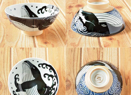 Minorutouki Rice Bowl Extra Large White Wave Whale Blue φ5.8×H2.6in 7.76oz Made in Japan