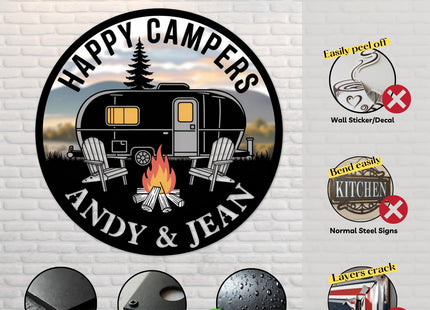 Personalized Happy Camper Metal Sign, Custom RV Decor Sign, Custom Campsite Metal Art, Large Camping Wall Art, Customized Campsite Decor, Rustic RV Name Plaque, Customized Name Plaque for Camping