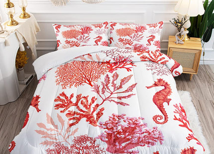 Ocean Coral Red Hippocampus Twin Comforter Set, Soft 2 Pillowcases