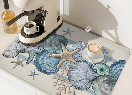 MiaoSi Nautical Coastal Dish Drying Mat for Kitchen Counter Summer Beach Seashell Starfish Microfiber Dish Drainer Mat Ocean Blue Pattern Absorbent Washable Drying Pad Extra Large 18"x24"