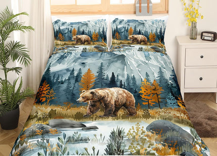 Bear Duvet Cover Set Twin Size,Hunting Animal Bedding Set Kids Boys Girls Room Decor,Tree Woodland Mountain River Bedspreads Cover 2Pcs,Nature Retro Rustic Comforter Cover,1 Pillowcase(NO Comforter)