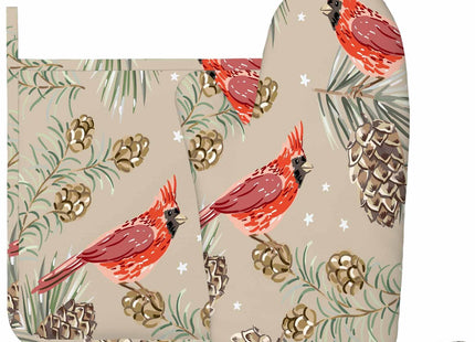 Mxocom Red Cardinal Birds Silicone Oven Mitts and Pot Holders Sets Fir Pine Twigs Cedar Cones Winter Xmas BBQ Gloves for Kitchen,Cooking,Baking,Grilling