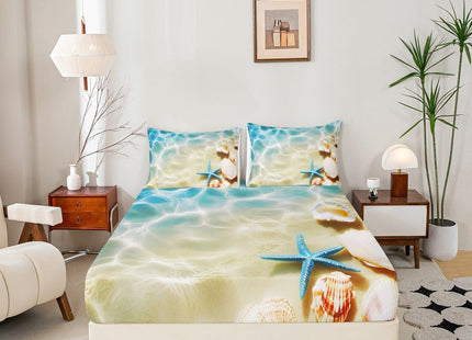 Erosebridal Ocean Bed Sheets Set King Beach Fitted Sheets Coastal Nature Theme Pattern Teal Flat Sheet Boys Girls Hawaiian Top Sheet Sea Wave Animals Starfish Sheet Set 2Pillow Cases, Blue Room Decor