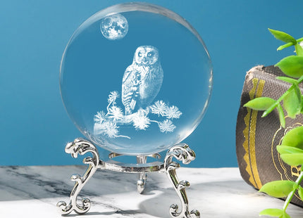PYJ3DLAMP 3D Owl Crystal Ball with Stand Lase Engraved Glass Sphere Paperweight Owl Decor Gift