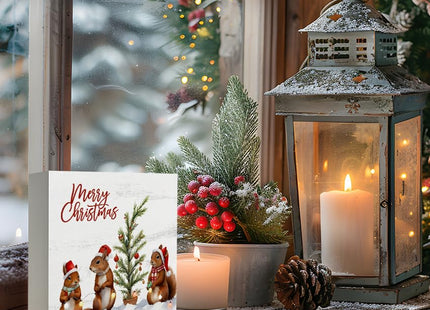 LUKIPOM Cute Squirrel Christmas Wooden Box Sign, Squirrel Decor,Merry Christmas Wood Signs for Home Office Desk Shelf Table Decor, 5x5 Inch