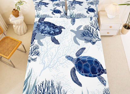 Turtle Sheet Set Twin,White Blue Sea Turtle Bedding Set for Kids Boys Girls,Reptile Tortoise Fitted Sheet Ocean Beach Theme Top Sheet,Hawaiian Coastal Child 3 Pcs Bed Set,1 Flat Sheet, 1 Pillowcase