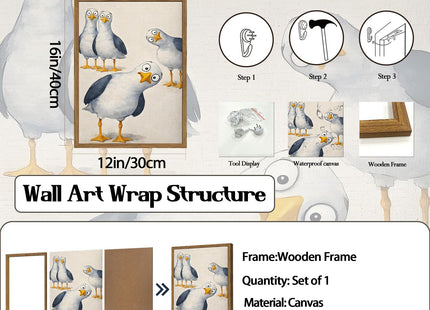 Funny Seagull Nursery Wall Art, Cute Bird Kids Room Wall Decor Painting Whimsical Coastal Animal Poster Canvas Prints Picture for Bedroom Living Room Bathroom 12x16 inch Wood Framed