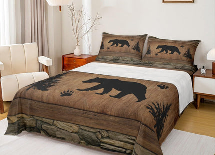 Manfei Rustic Bear Sheet Set Twin Size, Wildlife Hunting Theme Bed Sheet Set 3pcs with Deep Pocket Fitted Sheet + Flat Sheet + 1 Pillowcase, Wooden Board Bedding Set for Kids Boys Teens Room Decor
