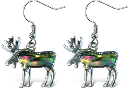 Puzzled Multi-Color Moose Earrings - Cute Wildlife Animal Moose Earrings Made with Natural New Zealand Paua Abalone Shell, Moose Jewelry For Women and Teens for Daily, Casual, and Formal Occasions