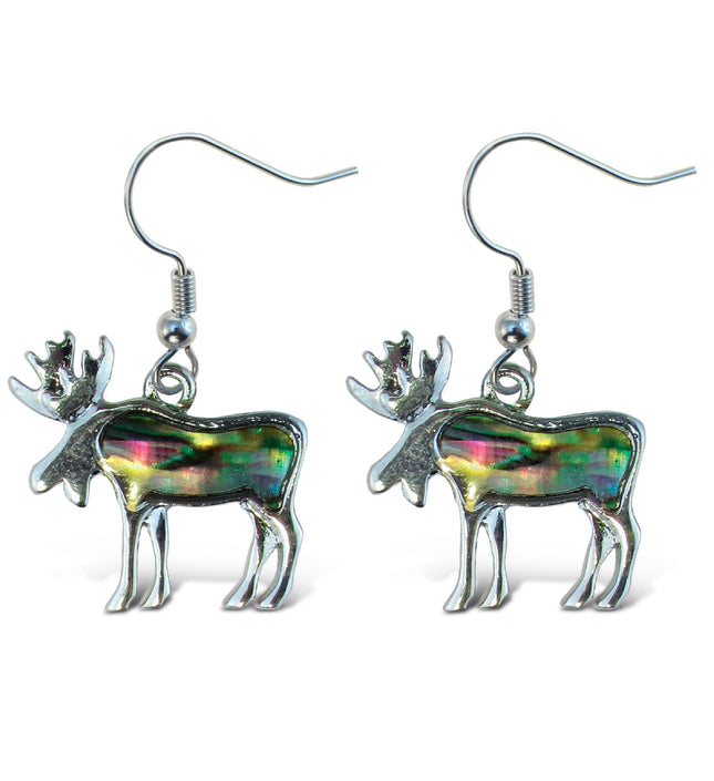 Puzzled Multi-Color Moose Earrings - Cute Wildlife Animal Moose Earrings Made with Natural New Zealand Paua Abalone Shell, Moose Jewelry For Women and Teens for Daily, Casual, and Formal Occasions