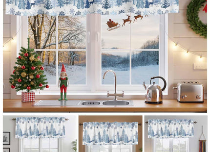 Christmas Curtain Valance for Windows Blue Snowflake Winter White Rod Pocket Valance Window Treatments Reindeer Elk Forest Short Curtains for Kitchen Windows Bathroom Bedroom 42x12in