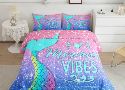 Girls Mermaid Tail Comforter Set Full Kawaii Coastal Fish Scales Bedding Set Glitter Star Galaxy Comforter Blue Pink Pastel Ombre Set Princess Bed Set Ocean Animal Quilt Duvet 2 Pillowcases Teal