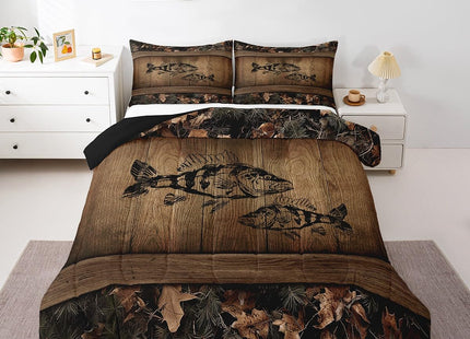 Erosebridal Camo Bass Fish Bedding Comforter Sets Fishing Bass Big Fish Bedding Set Queen Rustic Farmhouse Lake House Comforter Set for Boys Men Fisherman,Retro Tree Camouflage Cabin Quilt Set