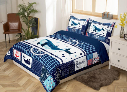 Homewish Sea Whale Duvet Cover Twin Size,Nautical Anchor Ship Rudder Plaid Comforter Cover Set for Kids Boys Girls,Navy Blue Ocean Geometric Bedding Quilt Cover Set Bedroom Decor, 2 Pieces