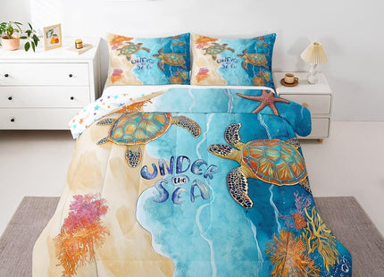 Sea Turtle Comforter Set Twin for Boys Girls Ocean Theme Bedding, Blue Marble Bedding Comforter Sets Kids Teens Sea Animal Sea Horse Crab Starfish Duvet Insert Navigation Theme Quilt 2 Pcs