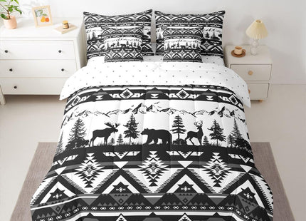 Feelyou Western Comforter Set Twin Size 7 Pieces Southwestern Aztec Bedding Set for Kids Boys Bear Bed in a Bag with Comforter, Sheets, Pillowcases, Cushion Covers Deer MooseWild Animals GreyQuilted