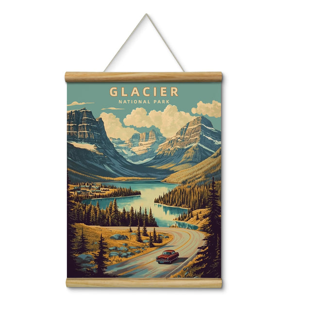 HUARCEY Glacier National Park Canvas Scroll Poster, Rustic Vintage Mountain Lake Landscape Wall Art with Wooden Bars Hanging Rope 12x16 Inches, Adventure Travel Home Office Cabin Lodge Decor