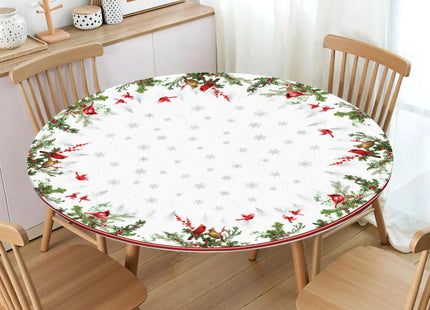 Winter Round Fitted Tablecloth with Elastic Edge,Water-Resistant Reusable Christmas Cardinal Bird Snowflake Red Table Cover for 44-48" Stretch Table Cloth for Dinner Indoor Outdoor Party Patio