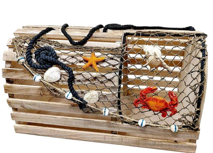 Decorative Lobster Trap Nautical Coastal Decor – Distressed Wood with Fishnet, Seashells, Crab & Starfish Accents – Perfect Beach House, Boat Decoration – Unique Ocean-Themed Gift for Sea Lovers