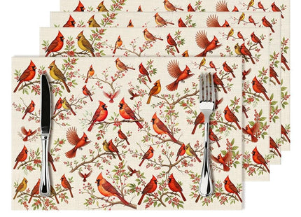 Red Cardinal Linen Placemats Set of 4, Washable Non-Slip Heat-Resistant Bird Berry Printed Table Mats for Kitchen Dining Table, Gift for Bird Lovers, Nature & Christmas Enthusiasts, Kitchen Home Decor