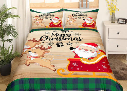 Merry Christmas Bedding Set Twin Size Cute Santa Claus Deer Duvet Cover Set 2Pcs,Black Green Xmas Grid Comforter Cover Kids Girls Boys Room Decor,Brown Rustic Wood Board Quilt Cover,1 Pillowcase