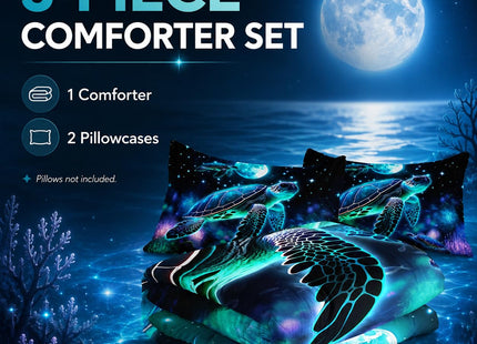 AILONEN Sea Turtle Comforter Set Twin Size, Ocean Theme Bedding Coral Jellyfish 3 Pieces Printed Comforter Set for Boys Girls Bed in a Bag,Evening Starry Moon Turtle Quilt with 2 Pillowcases
