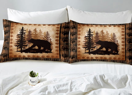 Castle Fairy Bear Print Bed Sheet Set Queen Size,Wild Animal Hunt Pine Trees Retro Bedding Set for Children Adult,Rustic Grid Plaid Cabin Decor Sheet Sets with Flat, Fitted Sheet, 2 Pillowcases