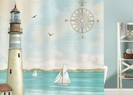 Bonhause Nautical Shower Curtain, Navy Blue Lighthouse Sailboat Anchor Coastal Beach Bathroom Decor 72 x 72 Inch Polyester Fabric Waterproof Bath Curtain with 12 Hooks