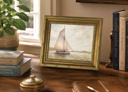 Vintage Sailboat Nautical Landscape Wall Art, Gold Framed Canvas Print
