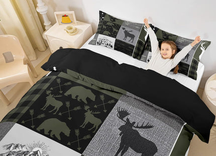 Hunting Rustic Lodge Bedding Set Twin, Deer Bear Patchwork Duvet Cover Retro Cabin Lodge Comforter Cover For Kids Teens Adult Men, Camping Moose Elk Quilt Cover With 2 Pillow Cases, Grey Black