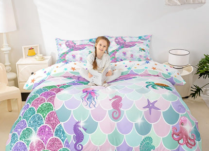 Erosebridal Mermaid Bedding Set,Nautical Sea Animal Kawaii Duvet Cover Full Mermaid Gifts for Girls,Fish Scale Sparkle Sequins Comforter Cover Ocean Bed Sets Aquarium Marine Life Bedroom Decor…