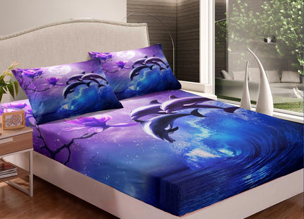 Galaxy Dolphin Sheet Set Twin Size Coastal Ocean Waves Bedding Purple Cherry Blossoms Sea Animal Bed Sheets For Kids Boys Girls Teens Moon Sky Starry Fitted Sheet + Flat Sheet + 1 Pillow Case Blue
