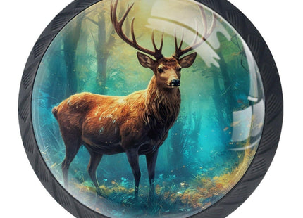 KikandKo 4 Pack Cabinet Knobs Deer Forest Glass Drawer Knobs Black Dresser Drawer Knobs Pulls Handles for Kitchen Wardrobe Cupboard Hardware Furniture Door
