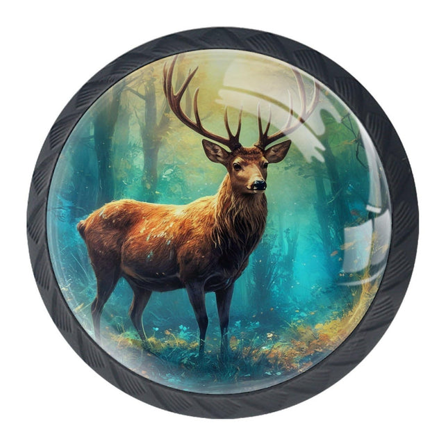 KikandKo 4 Pack Cabinet Knobs Deer Forest Glass Drawer Knobs Black Dresser Drawer Knobs Pulls Handles for Kitchen Wardrobe Cupboard Hardware Furniture Door