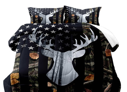 LUVIVIHOME 3PCS Deer Hunting Comforter Set Queen Size, Camo Bed Set Patriotic Black American Flag Bedding, Forest Animal Wildlife Country Lodge Rustic Farmhouse Cabin Camouflage Quilt, 2 Pillow Shams