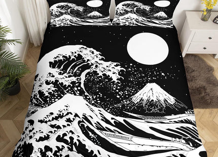 Erosebridal Moon Bedding Set Twin,Ocean Waves Duvet Cover Mountain Fuji Comforter Cover Japanese Style Bedspread Cover Marine Coastal Nautical Theme Quilt Cover White Black 3D Printed Bedroom Decor