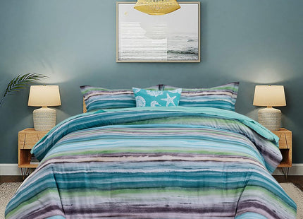 Holawakaka Beach Stripe Bedding Sets 6 Pieces, Aqua Coastal Striped Comforter Set King Size All Season Geometric Bed Set, Nautical Bed in a Bag with Comforter, Sheets and Shams