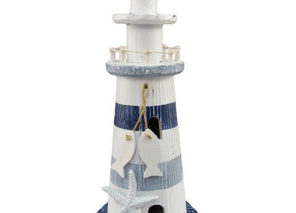 Puzzled COTA Global Large Blue White and Blue Stripes Wooden Lighthouse Decor - Cute Nautical Theme Decor Lighthouse with White Starfish Decor and Hanging Fish Decorative Ornaments - 4.5x11 Inches