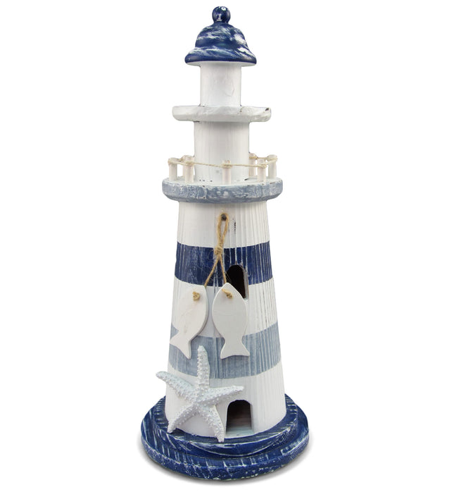 Puzzled COTA Global Large Blue White and Blue Stripes Wooden Lighthouse Decor - Cute Nautical Theme Decor Lighthouse with White Starfish Decor and Hanging Fish Decorative Ornaments - 4.5x11 Inches