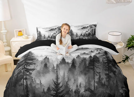 Erosebridal Black Gray Misty Forest Duvet Cover King Grey White Foggy Mountain Bedding Set Rustic Woodland Pine Trees Comforter Cover for Kids Teen Adults,Watercolor Nature Theme Bed Set