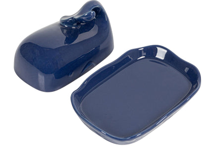 Creative Co-Op Stoneware Whale Butter Dish with Embossed Wave Detail, Navy Finish