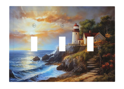 Spshian Light Switch Cover Plate Nautical Lighthouse Oil Painting Sunset Coastal 3 Gang Switch Plate Covers Triple Toggle Decorative Wall Plates Electrical Faceplate for Bathroom Bedroom Decor