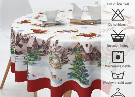Giwawa 60in Christmas Round Tablecloth Santa Claus Sleigh Reindeer Table Cover Xmas Tree Winter Snowflakes Stain Resistant Waterproof Table Cloth for Kitchen Dining Holiday Indoor Outdoor Decor
