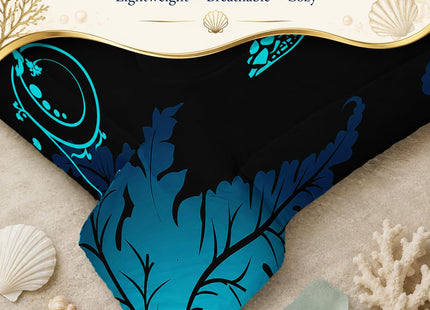 AILONEN Polynesian Sea Turtle Comforter Set Full Size, Dreamy Aqua Blue Bedding Fluorescence Texture Plant Abstract Turtle Star Conch Quilt Set All Season 3Pcs (1 Comforter + 2 Pillowcases)