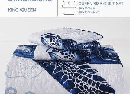 DJY Ocean Coastal Quilt Queen Size, 3 Pcs Sea Turtle Bedspread Bedding Set